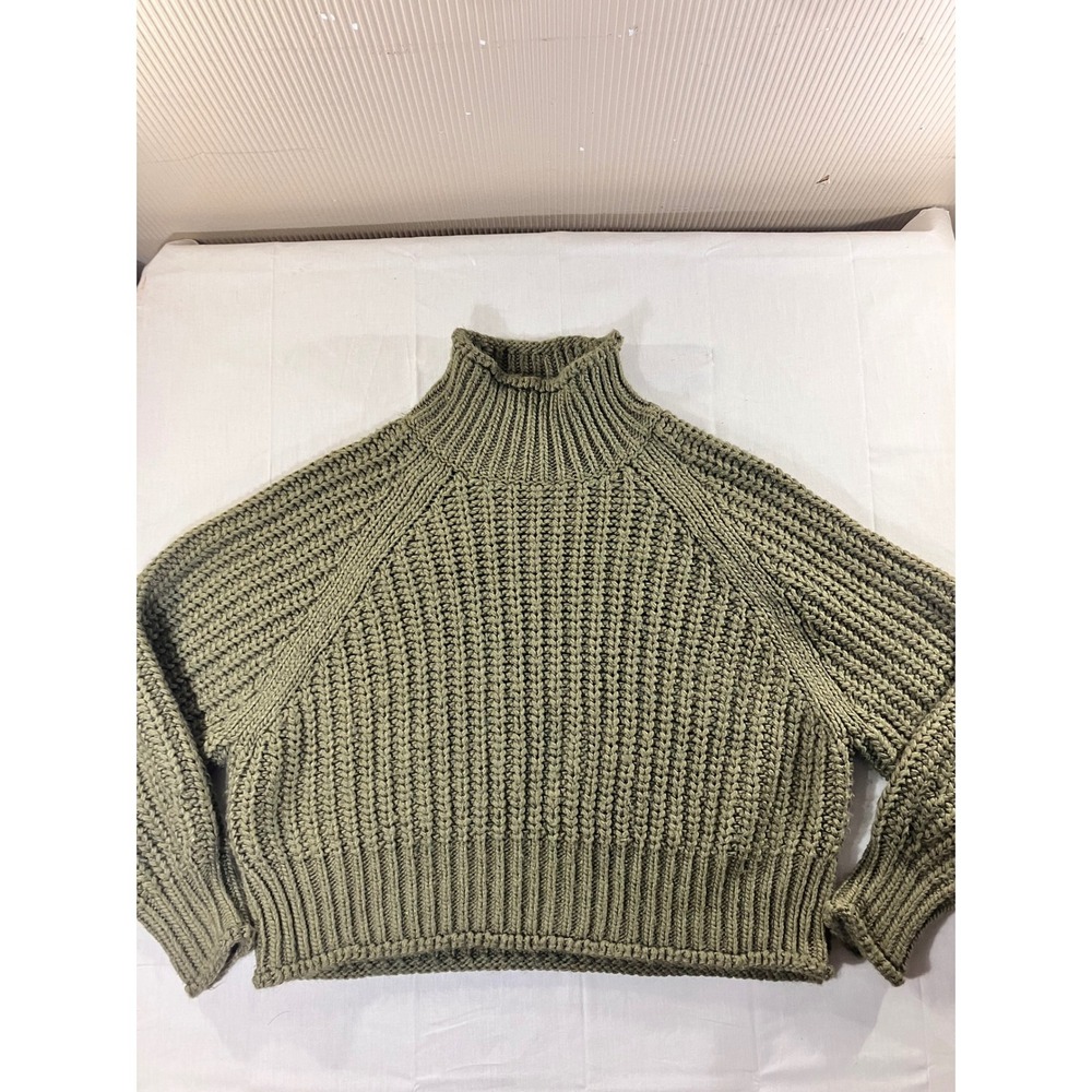 H&M Womens Chunky Knit Mock Neck Sweater Olive Green Size L Relaxed Fit